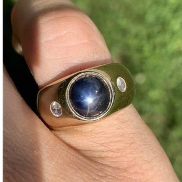 mens star sapphire ring 14k yellow gold with diamonds 14 G Size 7 Natural Blue